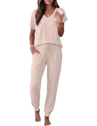 Ekouaer Womens Pajama Sets 2 Piece Lounge Set Short Sleeve Jogger Pants Pjs - color: Champagne, size: Small