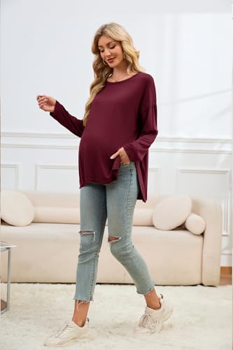 Smallshow Women's Long Sleeve Maternity Shirts Loose Tunic Pregnancy Tops - color: Maroon, size: Small