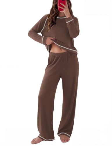 Ekouaer Womens Pajamas Long Sleeve Pjs Soft Loungewear 2 Piece Lounge Sets - color: Brown, size: Medium