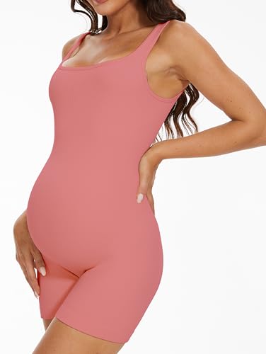 BDITANLE Maternity Workout Romper Pregnancy Yoga Ribbed One Piece Seamless Tank Top Jumpsuit - color: 010pink, size: Medium