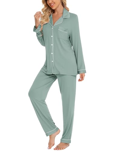 Leikar Button Up Pajamas For Women Long Sleeve Viscose Soft Pjs Lounge - color: Sage, size: Medium