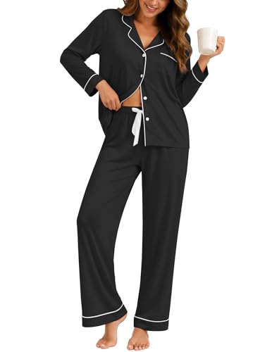 ZMJ Womens Pajama Sets 2 Piece Long Sleeve Button Down Sleepwear with Pants - color: Black, size: Medium