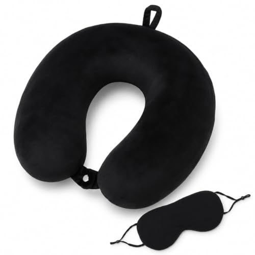 RAINFLOW Travel Neck Pillow Set - Black Memory Foam Cushion with Eye Mask - color: Black