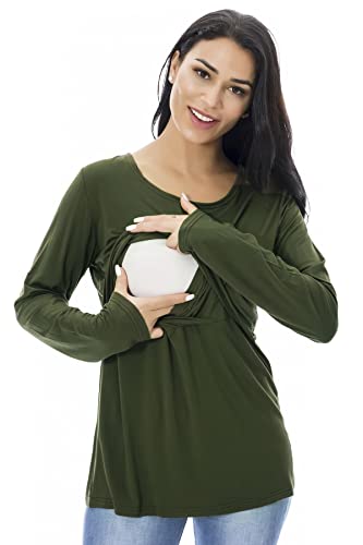Smallshow Women's Nursing Tops Long Sleeve Breastfeeding Shirts 3 Packs - color: Army Green-black-light Grey(3 Packs), size: Medium