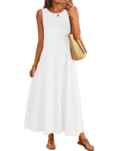 MEROKEETY Women's Summer Maxi Dresses Casual Sleeveless Cotton Tank Dress - color: White, size: Medium