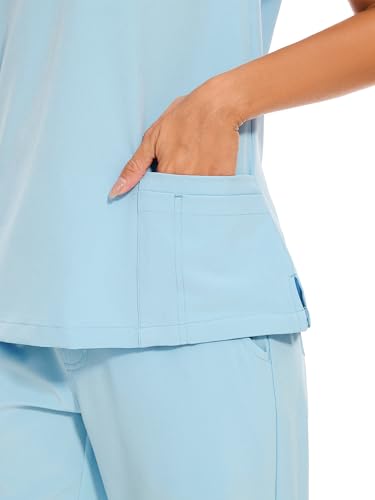 COZYFIT Scrubs for Women Set - Stretch V-Neck & Jogger Pant with 9 Pockets - color: Baby Blue, size: Medium-Tall