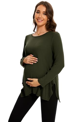 Smallshow Women's Side Split Maternity Shirts Long Sleeve - color: Army Green, size: XX-Large