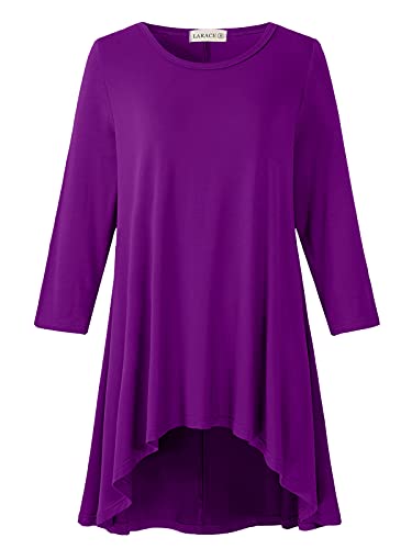 LARACE Womens Plus Size 3/4 Sleeve High Low Swing Tunic Tops - color: Deep Purple, size: 3X