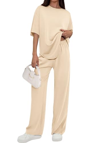 PRETTYGARDEN 2 Piece Lounge Sets Women Airport Travel Outfit - color: Beige, size: X-Large