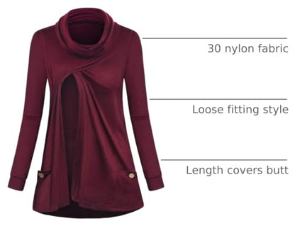 Joymom Maternity Warm Cowl Neck Nursing Sweatshirt Breastfeeding Tunic Tops - color: 2-wine, size: Medium