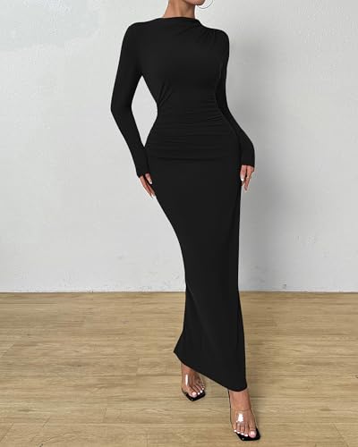 BTFBM Maxi Long Sleeve Dresses for Women Wedding Guest - color: Black, size: Medium