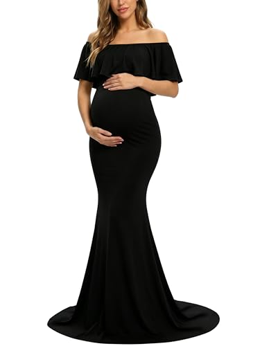 Glampunch Off Shoulder Maternity Dress for Photoshoot，Baby Shower Dress - color: Black, size: XX-Large