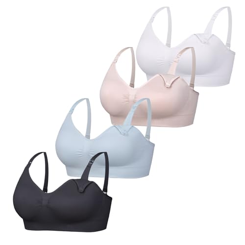 Womens Seamless Breastfeeding Nursing Bra Maternity Bralette 4 Pack - color: Black/Pink/White/Light Blue, size: Small