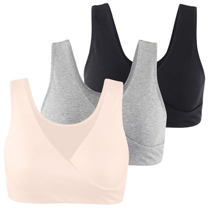 Women's Cotton Wireless Sleep Bra for Nursing and Maternity - color: Black+grey+ Apricot, size: Large