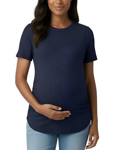 Motherhood Maternity Women's Short Sleeve Crew Neck Side Ruching Pregnancy Tee Shirt - color: Peacoat, size: Medium