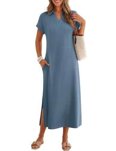 MEROKEETY Women's Summer Casual V Neck Collared T Shirt Long Maxi Dress - color: Gray Blue, size: Medium