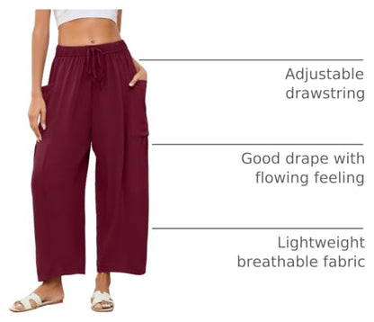Flygo Women's Flowy Drawstring Wide Leg Pants with Side Pockets - color: Burgundy, size: Medium