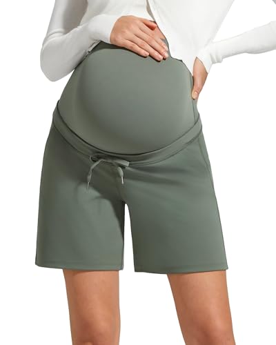 G4Free Pregnancy Shorts Over Bump Drawstring Postpartum Shorts with Pockets Summer Maternity Workout Yoga Casual(Gray Sage,M)