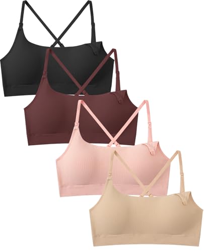 Seamless Ribbed Wireless Nursing Bra for Breastfeeding 4 Pack - color: Black/Skin/Pink/Wine, size: Small