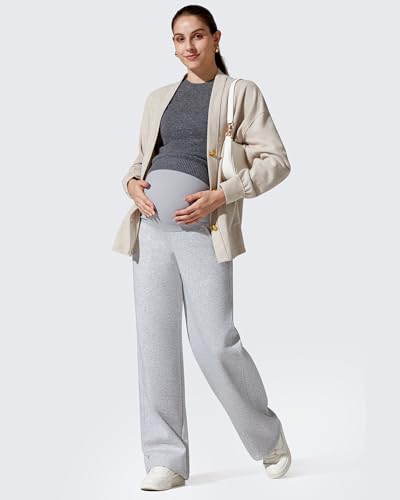 G4Free Flurrylux Fleece Lined Maternity Wide Leg Pants Pregnancy Sweatpants - color: Light Heather, size: Large