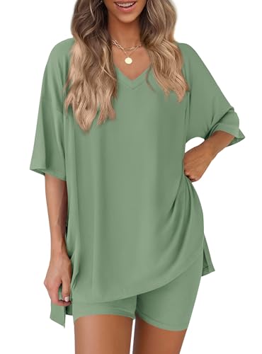PRETTYGARDEN Womens 2 Piece Outfit Lounge Short Sets - color: Bean Green, size: Large