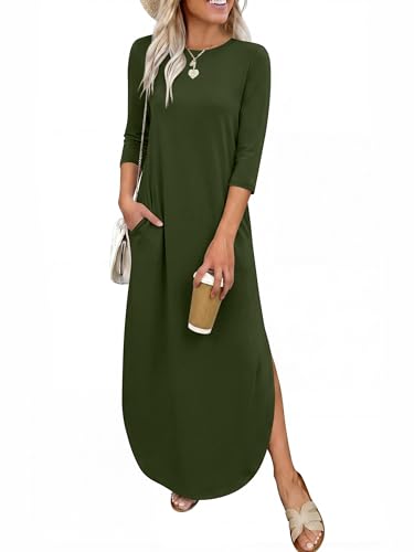 ANRABESS Women’s Air Layer 3/4 Sleeve Fall Maxi Dress & Pockets - color: Army Green, size: XX-Large