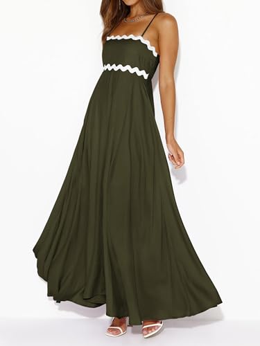 PRETTYGARDEN Women Spaghetti Strap Boho Maxi Dresses Flowy - color: Army Green, size: Large