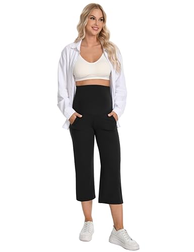 Foucome Maternity Capris Wide Leg Cropped Yoga Pants - color: Black, size: Large