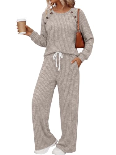 Trendy Queen Women's 2 Piece Lounge Sets 2026 Fall Casual Matching Outfits - color: Light Khaki, size: Small