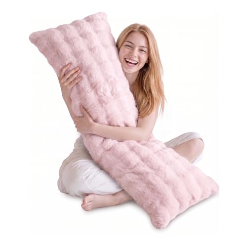 DOWNCOOL Premium Large Body Pillow Insert with Faux Rabbit Fur Cover - Large Full Body Pillows for Adults - Soft Long Bed Pillows for Side Sleepers - 20x54 inch (Pink, with Cover) - color: Pink Warm, size: With Cover