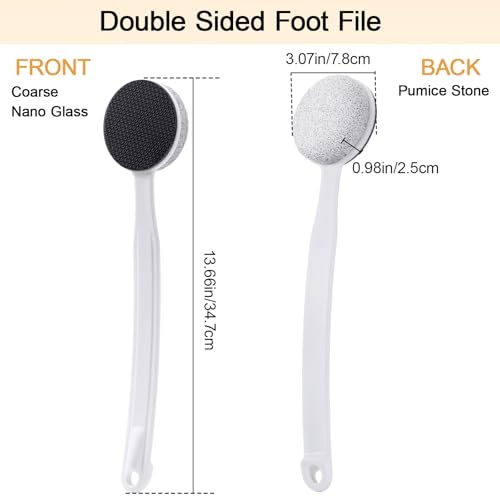 Nano Glass and Pumice Stone for Feet Callus Remover Long Handle 13.7", Double Sided Foot File, Durable Foot Scrubber Pedicure Tool for Hard & Dead Skin Remover, Soft and Smooth Feet, White - color: White