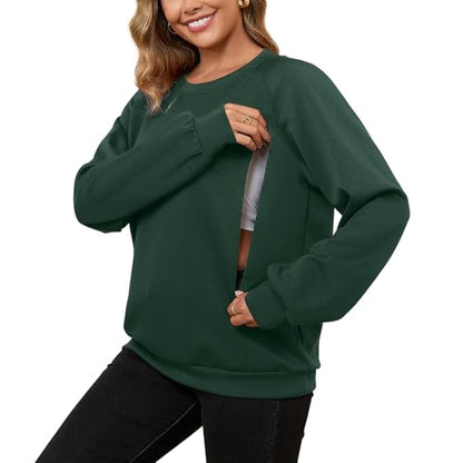 DEBELLY Nursing Sweatshirt for Breastfeeding Friendly Sweater Dual Zippers - color: Dark Green, size: Small