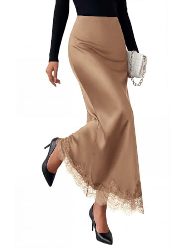 BTFBM Lace Trim Satin Skirts for Women Elegant - color: Coffee, size: Medium