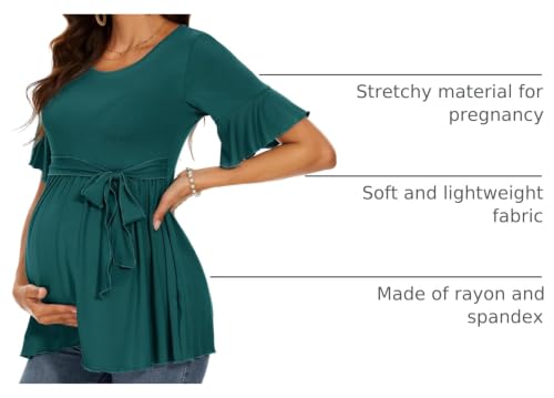 Women's Ruffle Maternity Tops Short Sleeve Wrap Tie Front Shirts Pregnancy Clothes - color: Emerald Green, size: Large