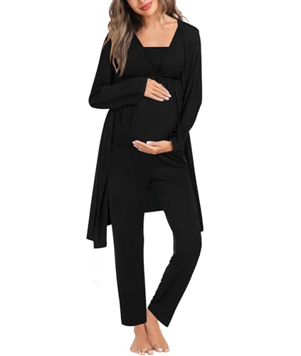 SWOMOG Maternity Nursing Pajamas Set 3 Piece Breastfeeding 3 in 1 Labor Delivery Sleevless Tops Long Pants Pregnancy Pjs - color: Sleeveless-black, size: Small