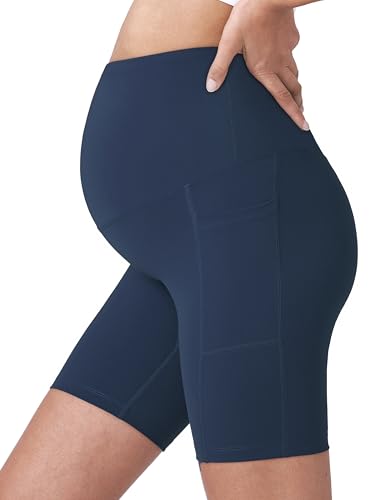 POSHDIVAH Maternity Biker Shorts Over the Belly with Pockets 5"/8" - color: Navy Blue, size: X-Large