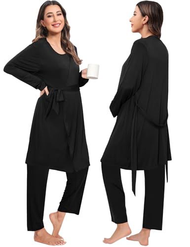 SWOMOG Maternity Nursing Robe Set 3 PCS Women Postpartum Pajamas Breastfeeding Labor Delivery Hospital Pregnancy Pjs - color: Black, size: Medium