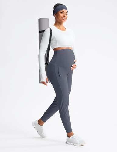 Mama Land Maternity Joggers Over Belly Pants with Zipper Pockets - color: Dusty Blue, size: Medium