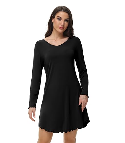 WiWi Women's Viscose from Bamboo Nightgown Long Sleeve Nightshirt Soft Sleep Dress Loose Comfy Pajama Sleepwear S-XXL - color: B-black, size: Large