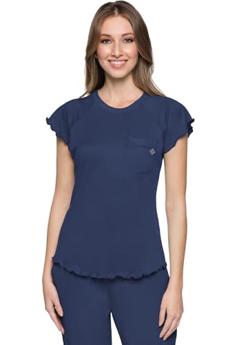 Med Couture Layers Womens Scrubs Top Rib Knit Neck Chest Pocket - color: Navy, size: X-Small