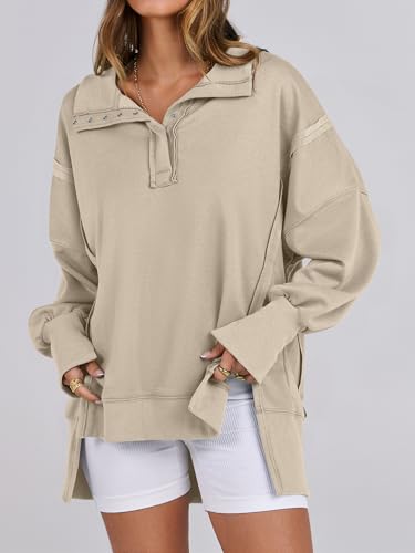 ANRABESS Sweatshirt for Women Oversized Casual Fall Henley Pullover Top - color: Apricot, size: Small