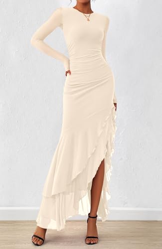 BTFBM Women's Maxi Dresses Fall 2026 Long Sleeve Wedding Guest Dress - color: Beige, size: Small