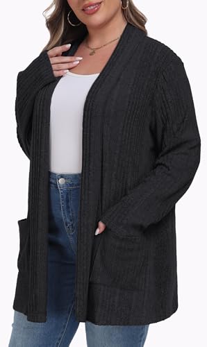 OLRIK Womens Plus Size Cardigan Loose Outwear with Pockets - color: C-black, size: 1X