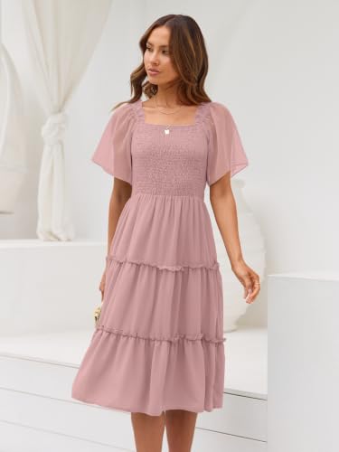 LILLUSORY Women Tiered Flutter Sleeve Square Neck Smocked Midi Dress - color: Pink, size: Medium