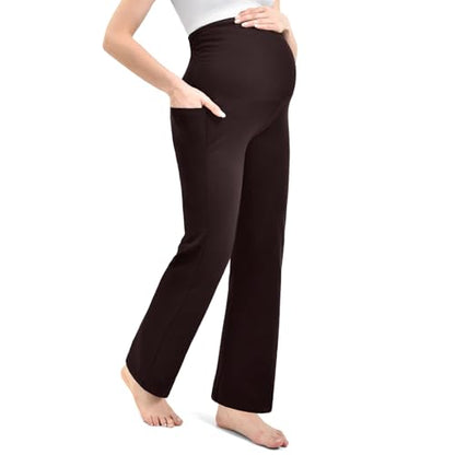Leafigure Maternity Wide Leg Pants Over Belly with Pockets - color: Brown, size: Medium