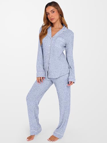 ANRABESS Women 2 Piece Pajama Lounge Sets 2026 Fall Outfits - color: Light Blue, size: Medium
