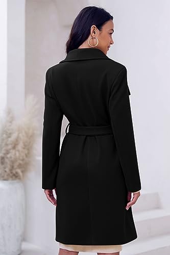 Cicy Bell Women's Pea Trench Coat Lapel Collar Long Jacket Open Front Belted Overcoat with Pockets - color: Black, size: Large