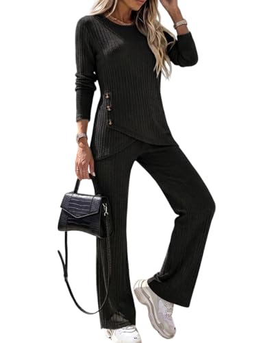 CHICME Womens 2 Piece Lounge Set Button Down Top Wide Leg Pants - color: Black, size: Large