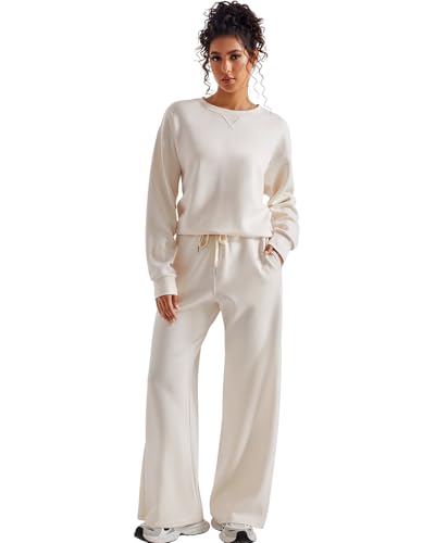 SUUKSESS Women Modal 2 piece outfits Oversized Sweatshirt Wide Leg Pants - color: Apricot, size: X-Large