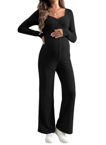 BLENCOT Maternity Ribbed Jumpsuit Long Sleeve Square Neck Stretchy Romper - color: Black, size: Large